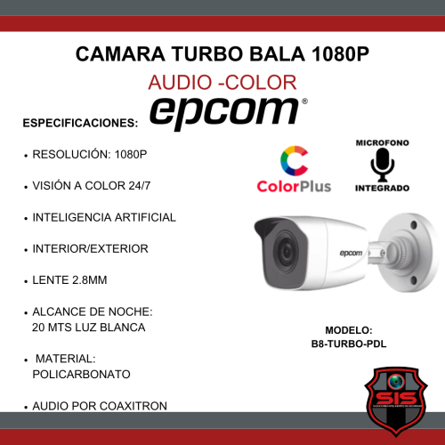 CAMARA BALA 1080P-2MP-CON AUDIO Y COLOR 24/7 PROGRAMABLES- LENTE 2.8MM-MARCA EPCOM